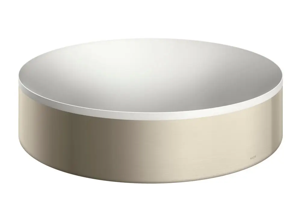 Runder Aufsatzwaschtisch in gebürstetem Nickel mit glatter, reflektierender Oberfläche. Design von AXOR ohne Hahnloch und Überlauf.